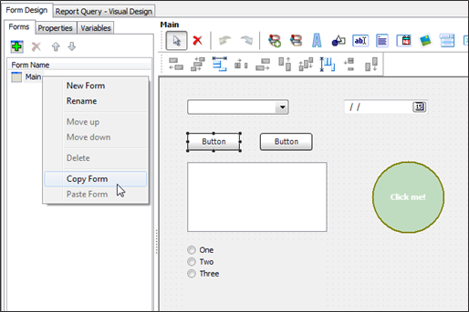 Right-click menu on form name showing copy option.